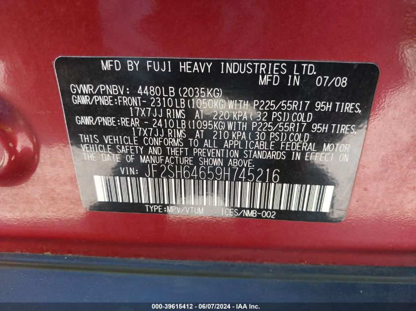 2009 Subaru Forester 2.5X Limited VIN: JF2SH64659H745216 Lot: 39615412