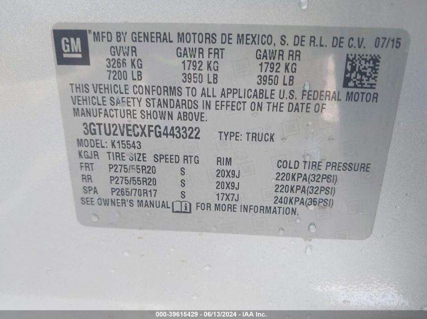 2015 GMC Sierra 1500 Slt VIN: 3GTU2VECXFG443322 Lot: 39615429