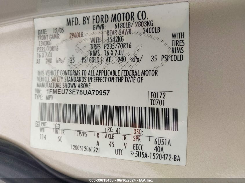 2006 Ford Explorer Xlt VIN: 1FMEU73E76UA70957 Lot: 39615438