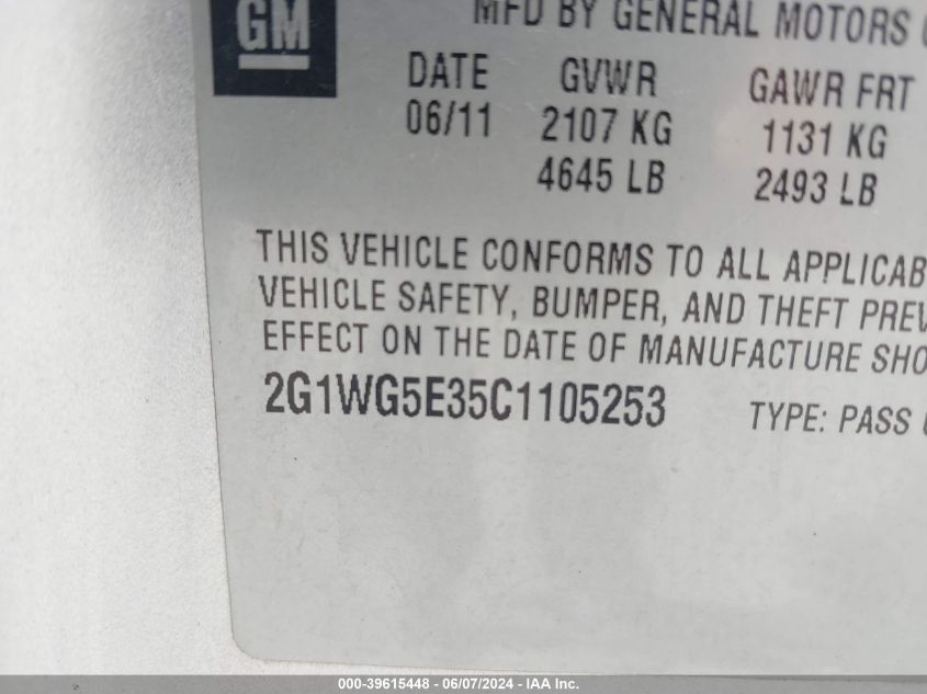 2012 Chevrolet Impala Lt VIN: 2G1WG5E35C1105253 Lot: 39615448