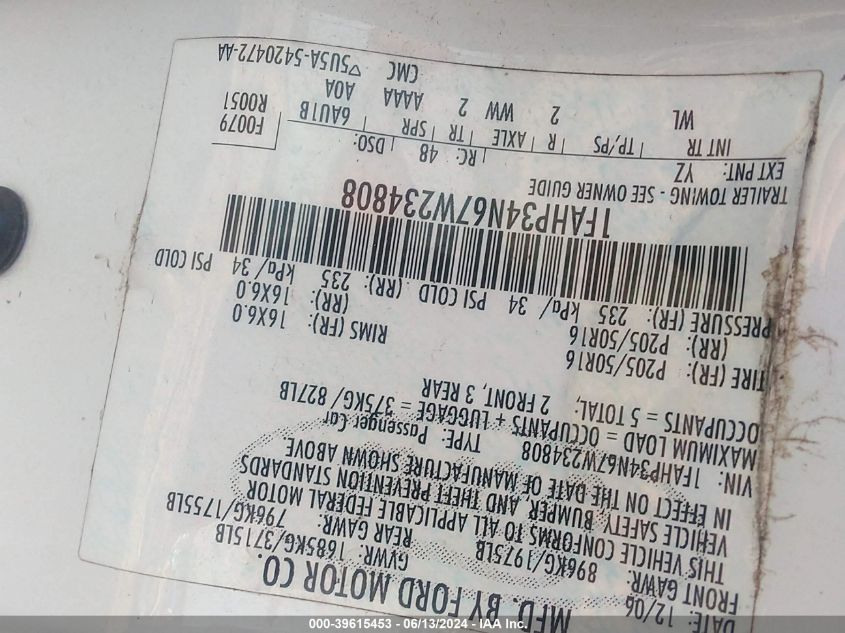 2007 Ford Focus S/Se/Ses VIN: 1FAHP34N67W234808 Lot: 39615453