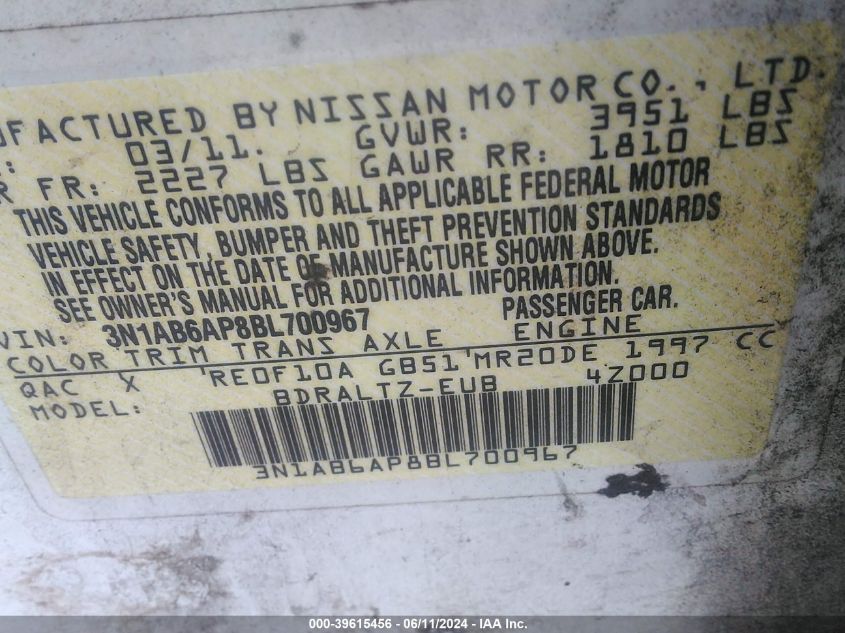 2011 Nissan Sentra 2.0S VIN: 3N1AB6AP8BL700967 Lot: 39615456