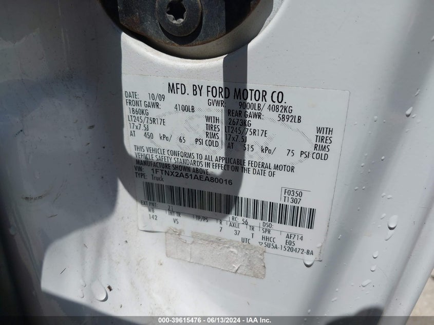 2010 Ford F-250 Lariat/Xl/Xlt VIN: 1FTNX2A51AEA80016 Lot: 39615476