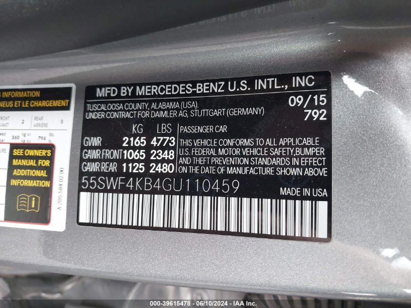 2016 Mercedes-Benz C 300 4Matic/Luxury 4Matic/Sport 4Matic VIN: 55SWF4KB4GU110459 Lot: 39615478