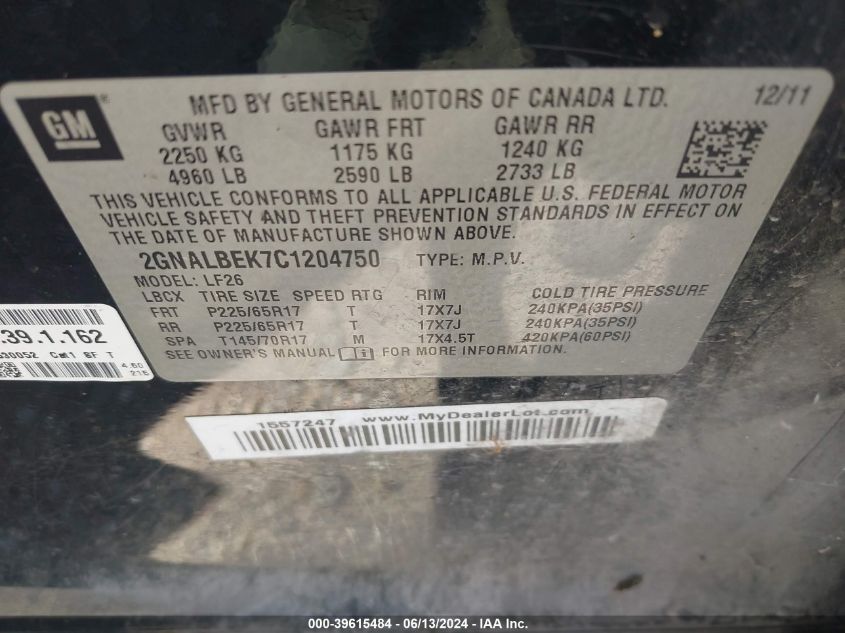 2012 Chevrolet Equinox Ls VIN: 2GNALBEK7C1204750 Lot: 39615484