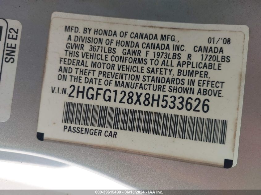 2008 Honda Civic Ex VIN: 2HGFG128X8H533626 Lot: 39615490