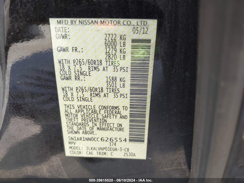 2012 Nissan Pathfinder Le VIN: 5N1AR1NN0CC626554 Lot: 39615520