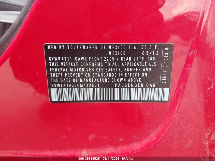 2012 Volkswagen Jetta 2.5L Sel VIN: 3VWLX7AJ6CM412561 Lot: 39615525