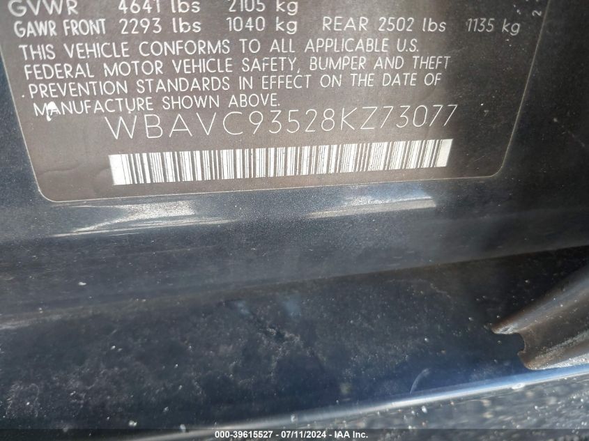 2008 BMW 328Xi VIN: WBAVC93528KZ73077 Lot: 39615527