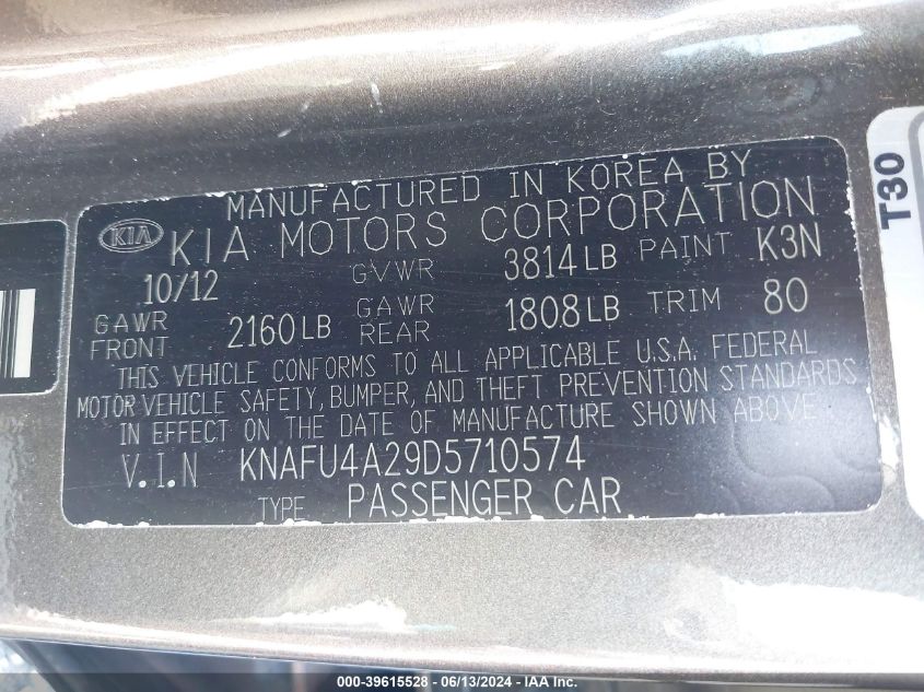 2013 Kia Forte Ex VIN: KNAFU4A29D5710574 Lot: 39615528