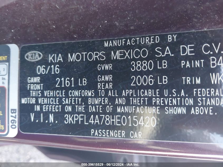 2017 Kia Forte Lx VIN: 3KPFL4A78HE015420 Lot: 39615529