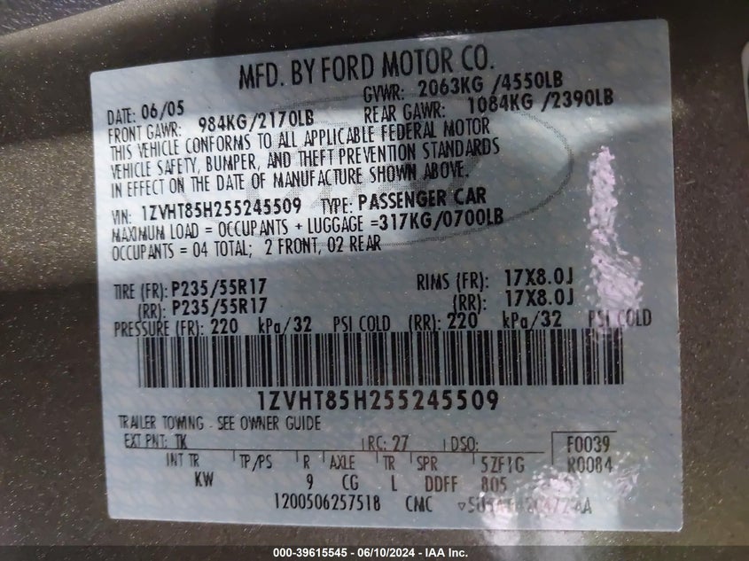 2005 Ford Mustang Gt VIN: 1ZVHT85H255245509 Lot: 39615545