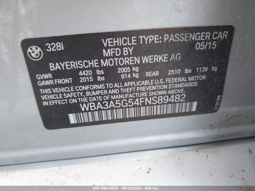 2015 BMW 328I VIN: WBA3A5G54FNS89482 Lot: 39615555