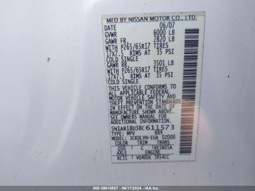 2008 Nissan Pathfinder Le VIN: 5N1AR18U38C611573 Lot: 39615557