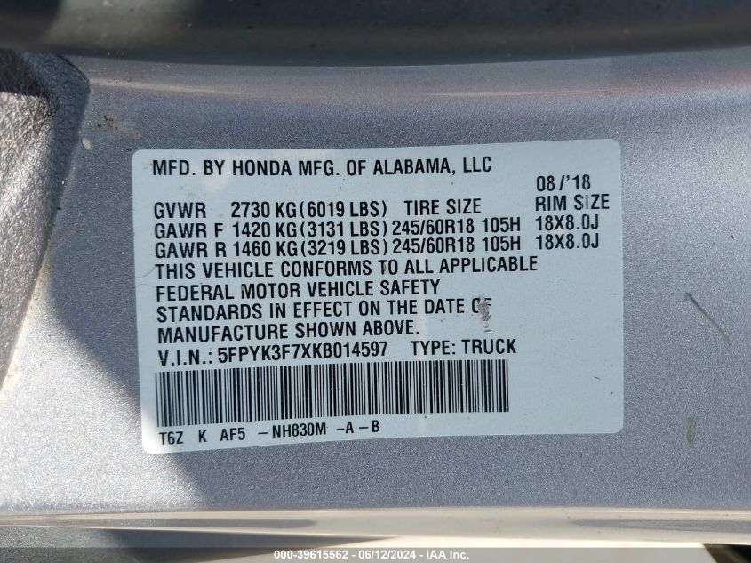 2019 Honda Ridgeline Rtl-E VIN: 5FPYK3F7XKB014597 Lot: 39615562