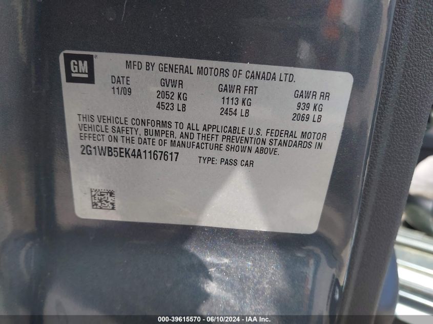 2010 Chevrolet Impala Lt VIN: 2G1WB5EK4A1167617 Lot: 39615570