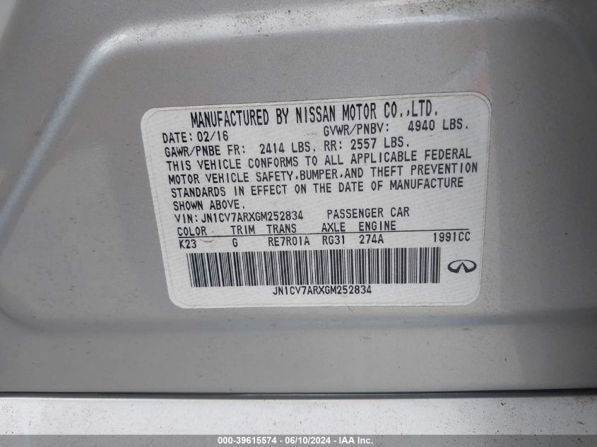 2016 Infiniti Q50 VIN: JN1CV7ARXGM252834 Lot: 39615574