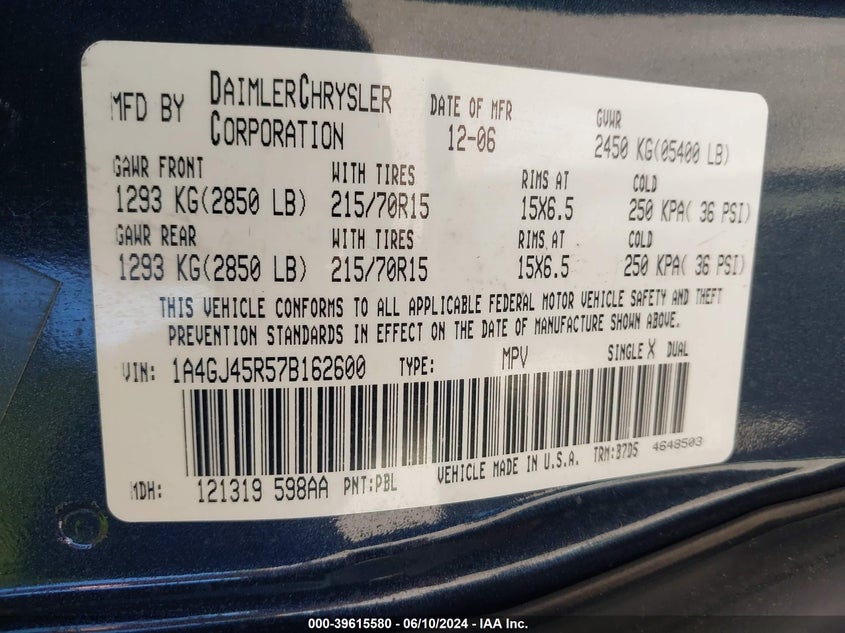 2007 Chrysler Town & Country VIN: 1A4GJ45R57B162600 Lot: 39615580