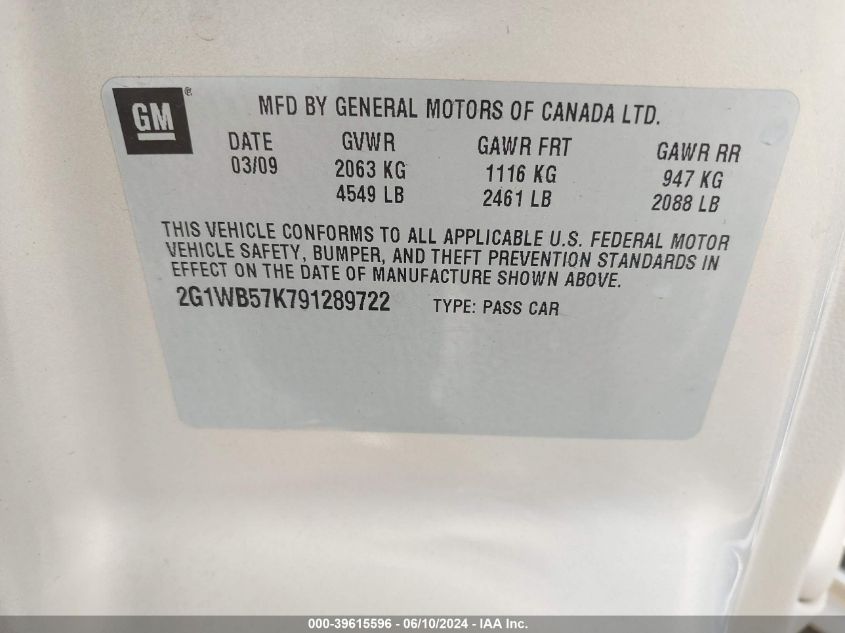 2009 Chevrolet Impala Ls VIN: 2G1WB57K791289722 Lot: 39615596