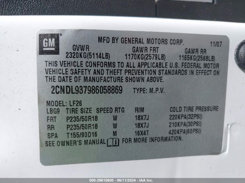 2008 Chevrolet Equinox Sport VIN: 2CNDL937986058869 Lot: 39615600