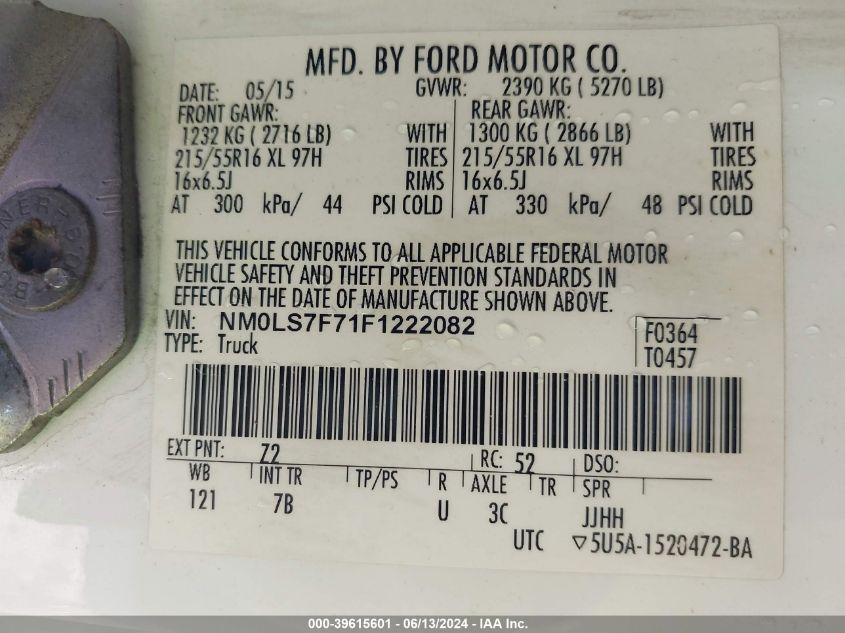 2015 Ford Transit Connect Xlt VIN: NM0LS7F71F1222082 Lot: 39615601