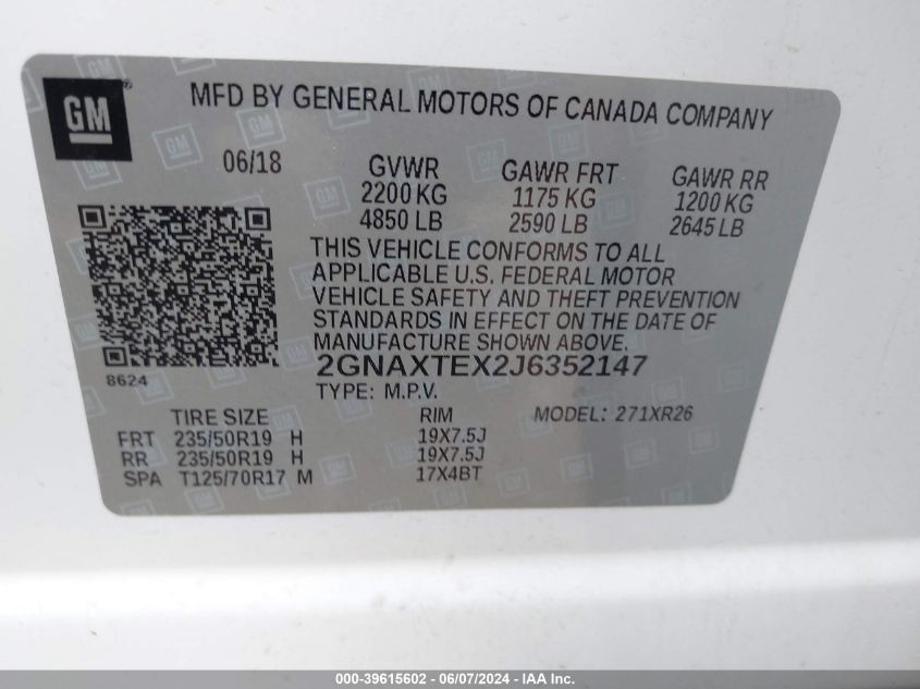 2018 Chevrolet Equinox Lt VIN: 2GNAXTEX2J6352147 Lot: 39615602