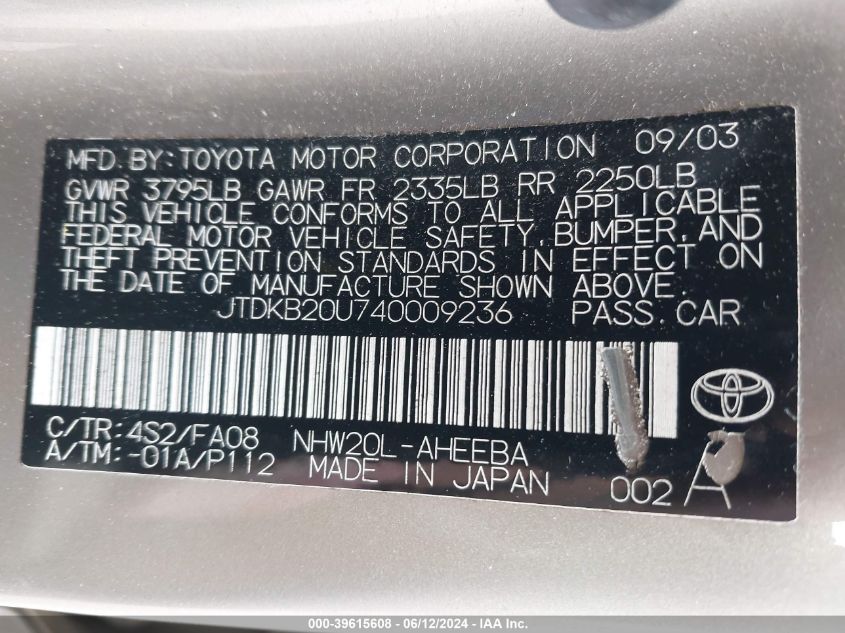 2004 Toyota Prius VIN: JTDKB20U740009236 Lot: 39615608