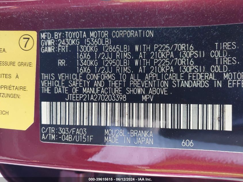 2007 Toyota Highlander V6 VIN: JTEEP21A270203398 Lot: 39615615