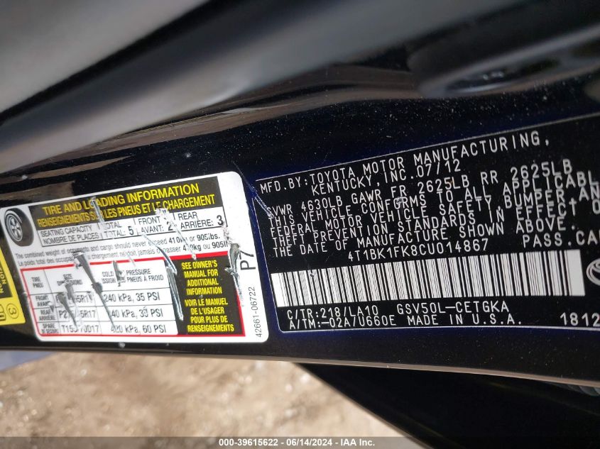 2012 Toyota Camry Xle V6 VIN: 4T1BK1FK8CU014867 Lot: 39615622