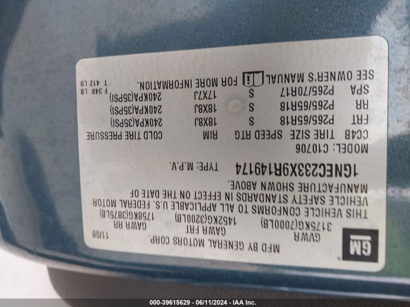 2009 Chevrolet Tahoe Lt1 VIN: 1GNEC233X9R149174 Lot: 39615629