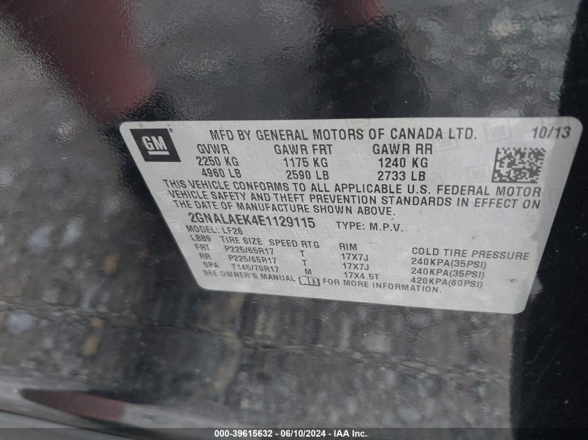 2014 Chevrolet Equinox Ls VIN: 2GNALAEK4E1129115 Lot: 39615632