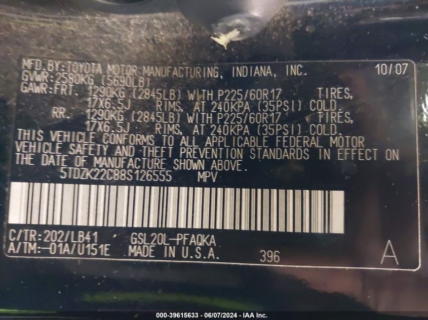 2008 Toyota Sienna Xle/Xle Limited VIN: 5TDZK22C88S126555 Lot: 39615633