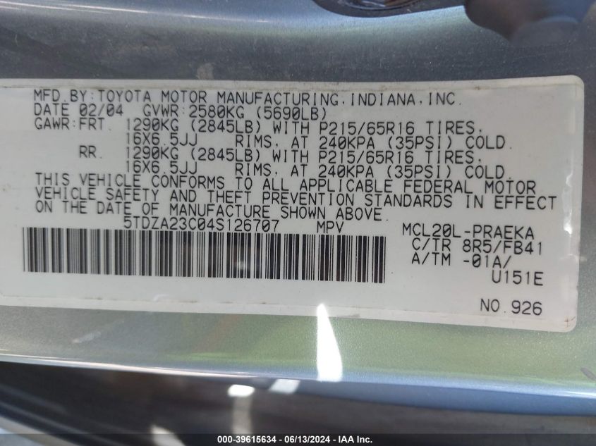 2004 Toyota Sienna Le VIN: 5TDZA23C04S126707 Lot: 39615634