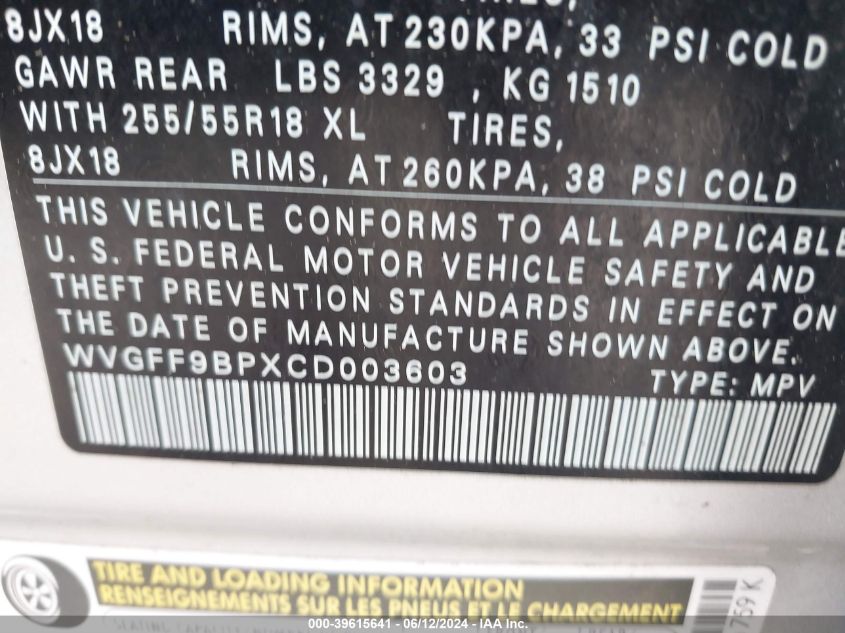 2012 Volkswagen Touareg Vr6 Executive/Vr6 Lux/Vr6 Sport VIN: WVGFF9BPXCD003603 Lot: 39615641