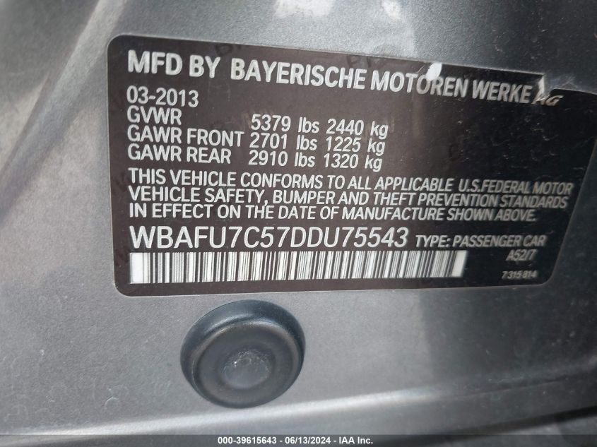 2013 BMW 535I xDrive VIN: WBAFU7C57DDU75543 Lot: 39615643
