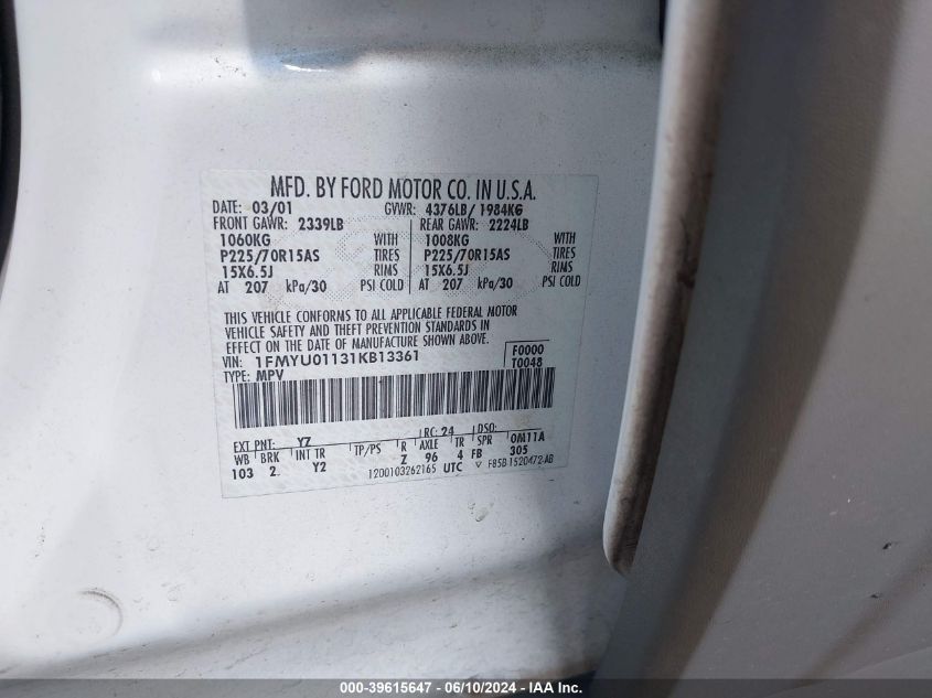 2001 Ford Escape Xls VIN: 1FMYU01131KB13361 Lot: 39615647