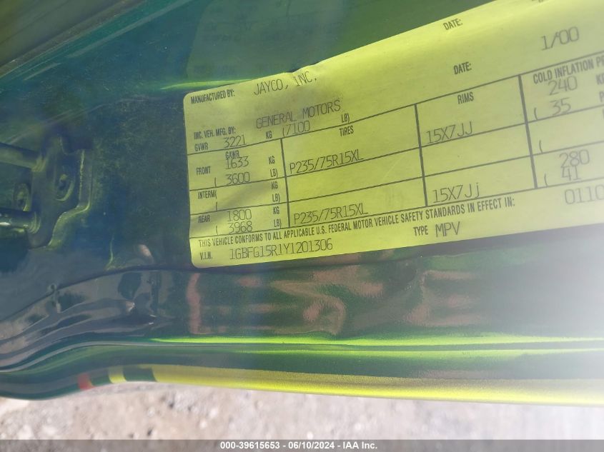 2000 Chevrolet Express Upfitter Pkg. VIN: 1GBFG15R1Y1201306 Lot: 39615653