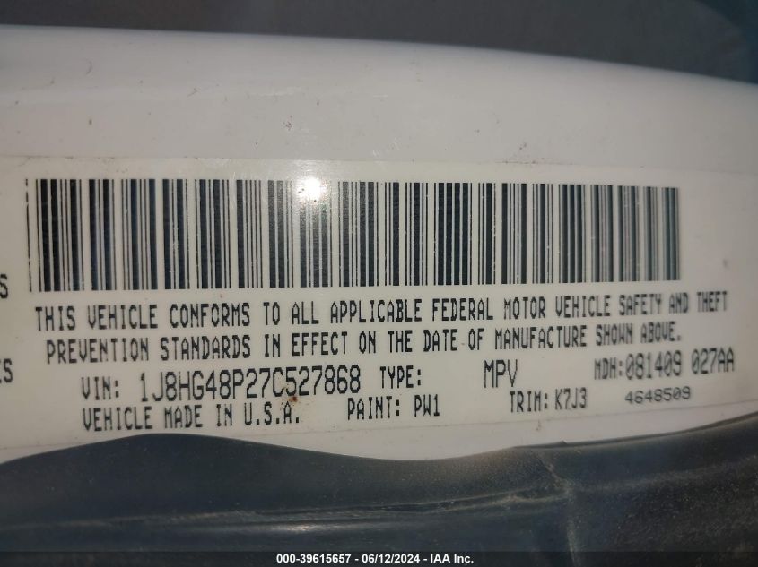 2007 Jeep Commander Sport VIN: 1J8HG48P27C527868 Lot: 39615657