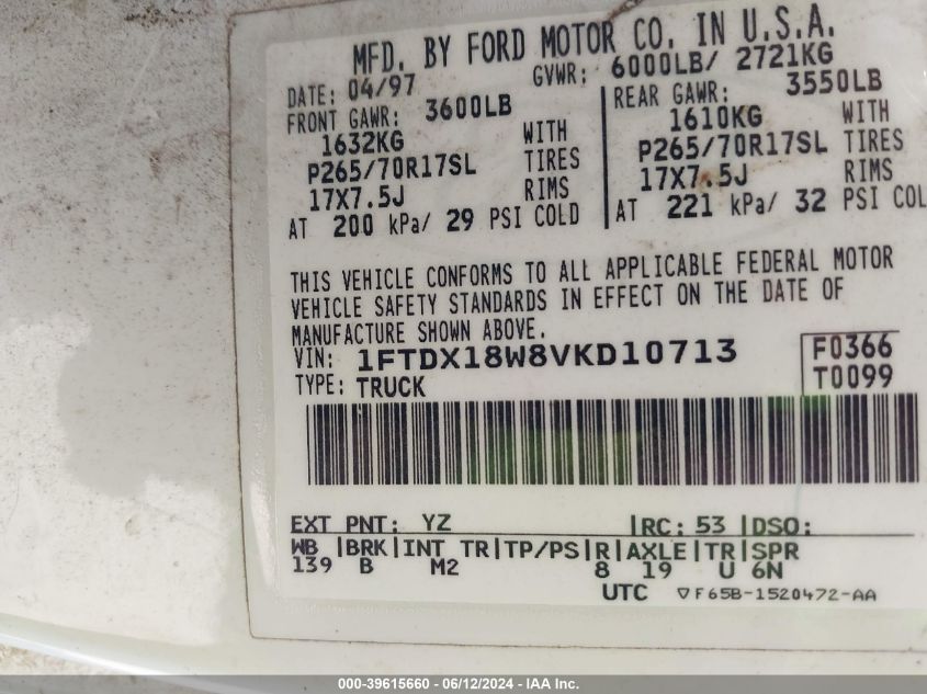 1997 Ford F-150 Lariat/Xl/Xlt VIN: 1FTDX18W8VKD10713 Lot: 39615660