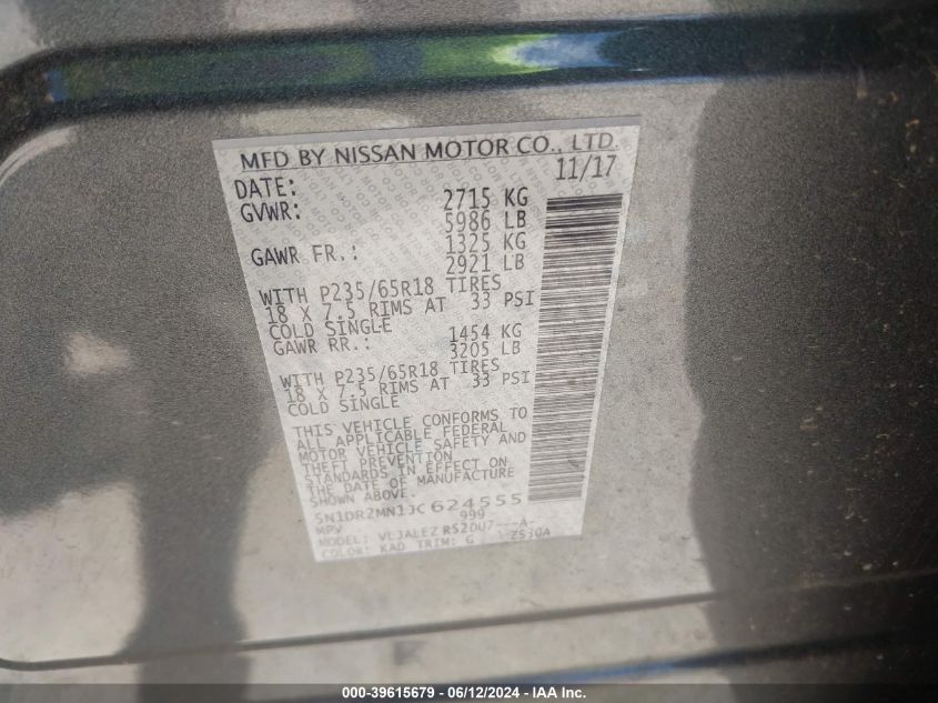 2018 Nissan Pathfinder Sv VIN: 5N1DR2MN1JC624555 Lot: 39615679