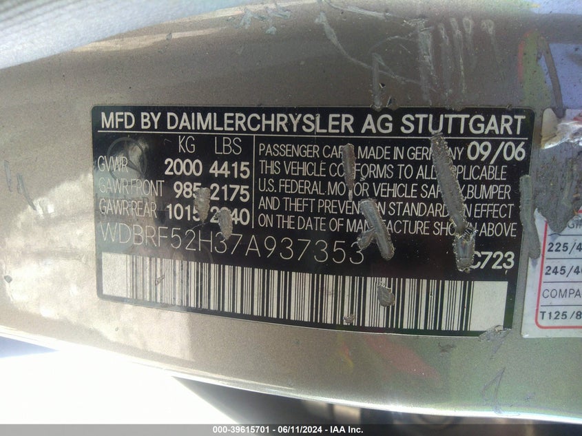 2007 Mercedes-Benz C 230 Sport VIN: WDBRF52H37A937353 Lot: 39615701