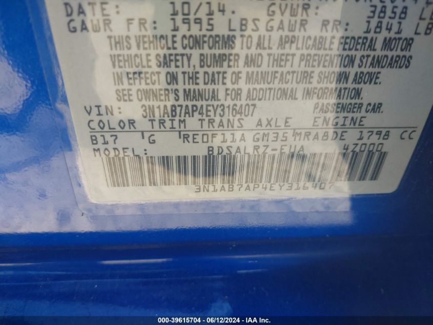 2014 Nissan Sentra Sr VIN: 3N1AB7AP4EY316407 Lot: 39615704