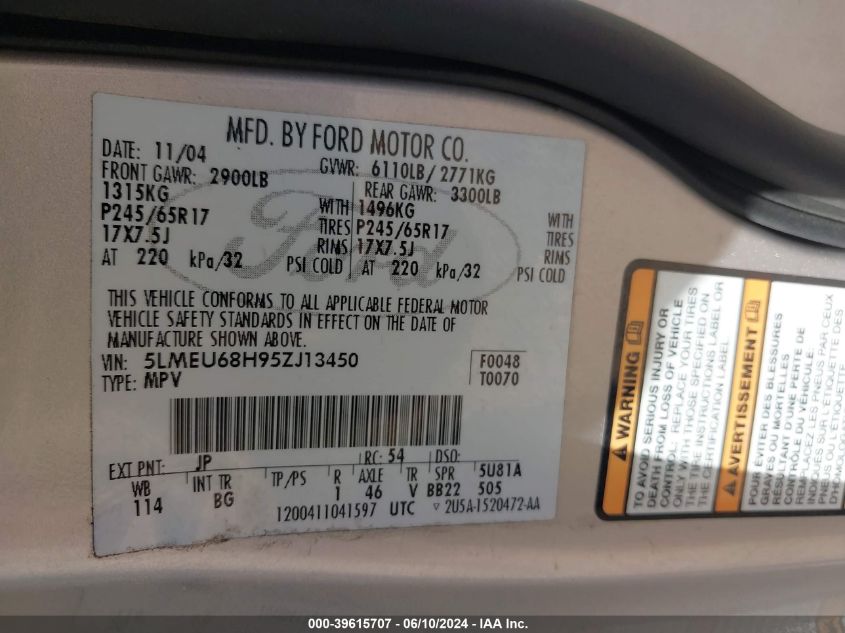 2005 Lincoln Aviator VIN: 5LMEU68H95ZJ13450 Lot: 39615707