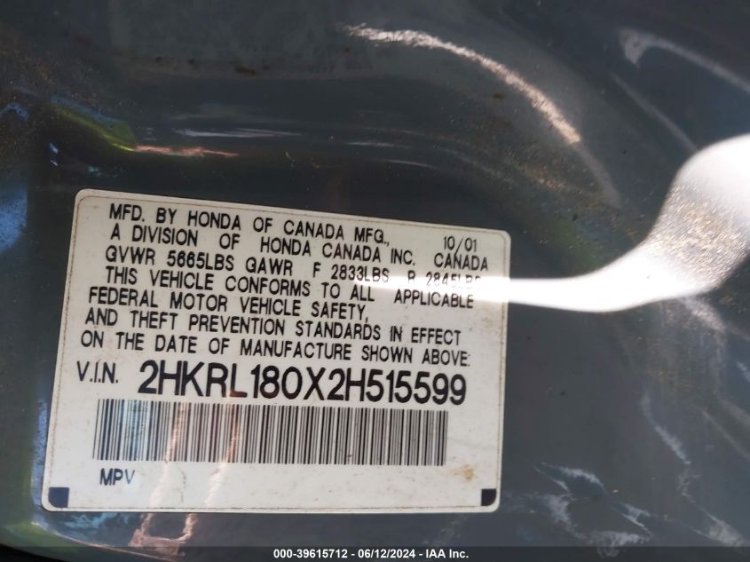 2HKRL180X2H515599 2002 Honda Odyssey Ex-L