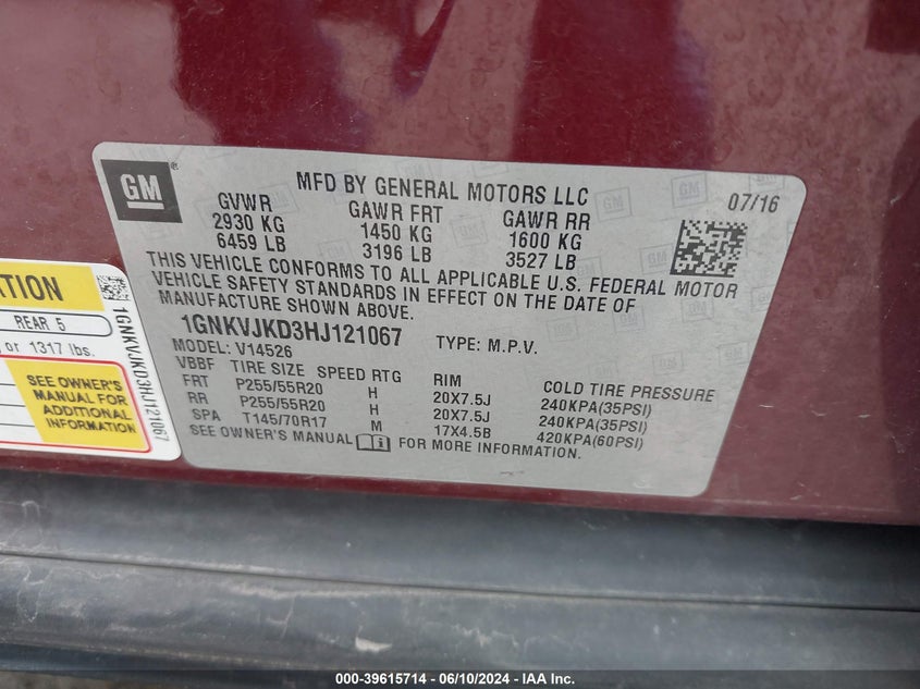 2017 Chevrolet Traverse Premier VIN: 1GNKVJKD3HJ121067 Lot: 39615714