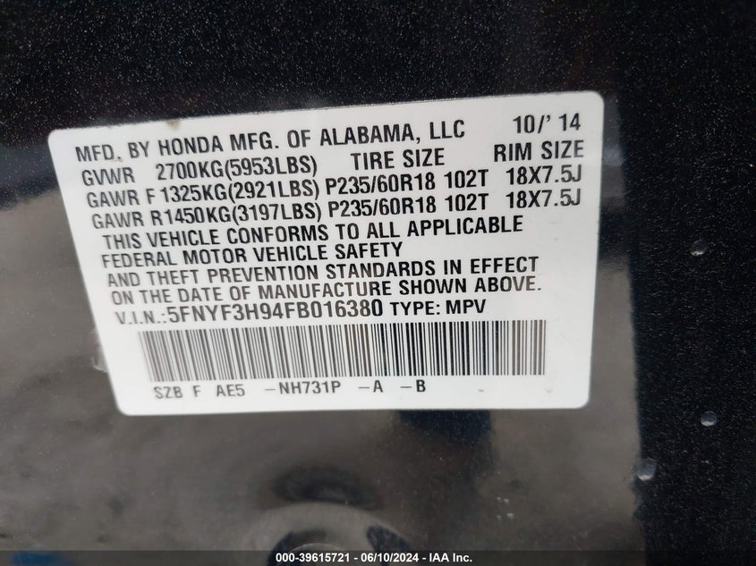 2015 Honda Pilot Touring VIN: 5FNYF3H94FB016380 Lot: 39615721