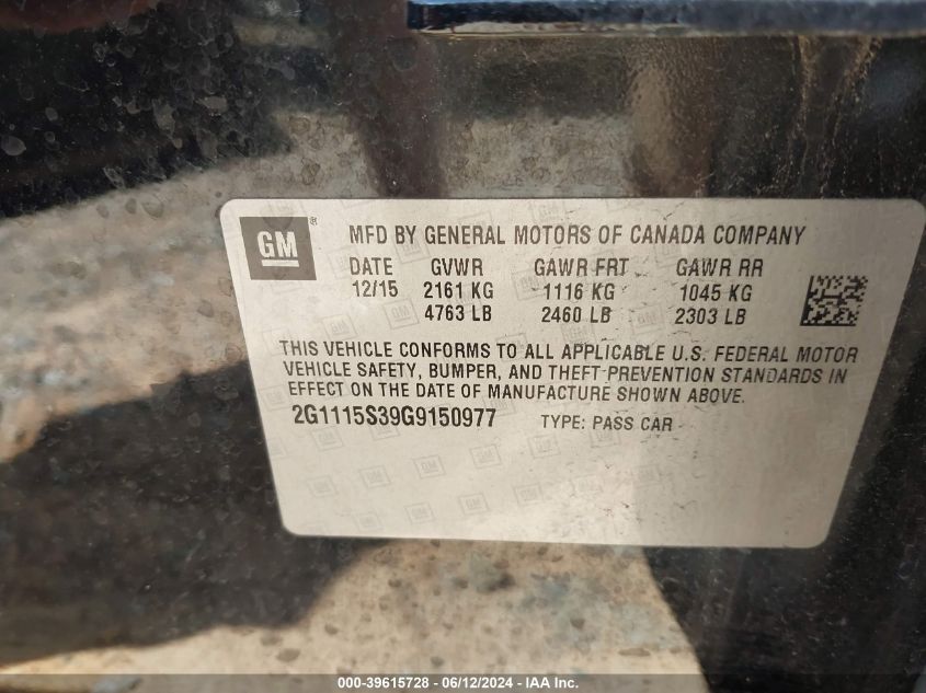 2016 Chevrolet Impala 2Lt VIN: 2G1115S39G9150977 Lot: 39615728