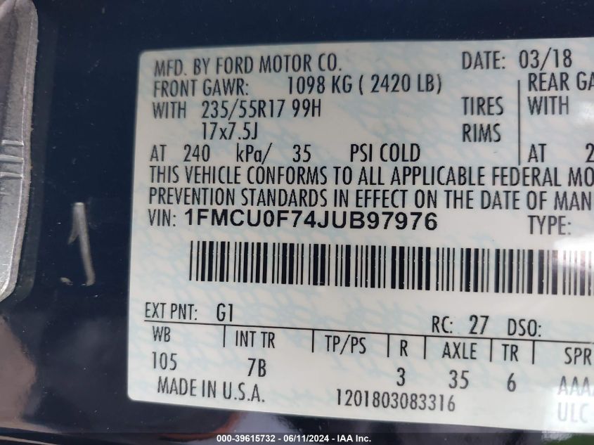 2018 Ford Escape S VIN: 1FMCU0F74JUB97976 Lot: 39615732