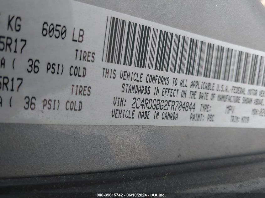 2015 Dodge Grand Caravan Se Plus VIN: 2C4RDGBG2FR704844 Lot: 39615742