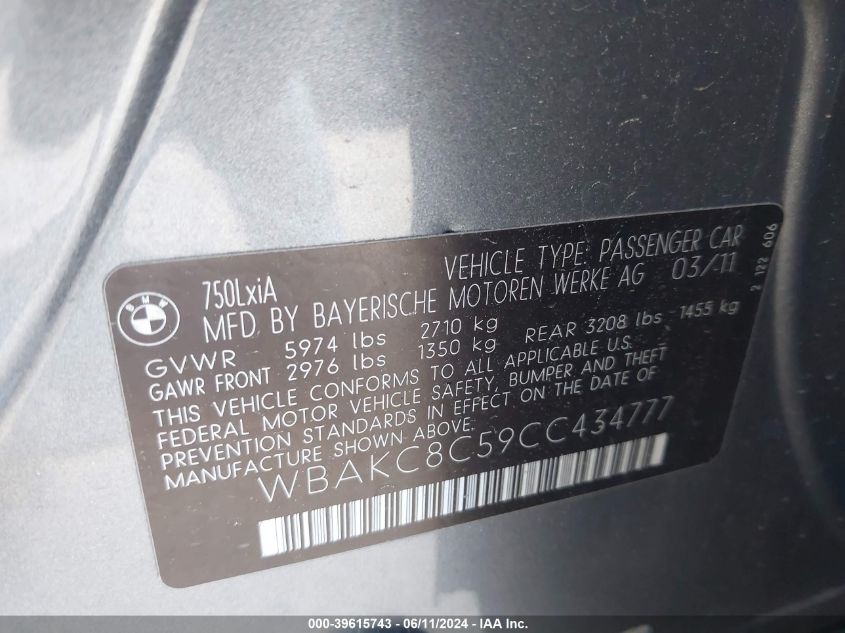 2012 BMW 750Li xDrive VIN: WBAKC8C59CC434777 Lot: 39615743